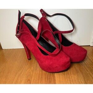 Dimanxi Platform Mary Jane Heels Womens Size 8 Red Faux Suede Ankle Strap Pumps